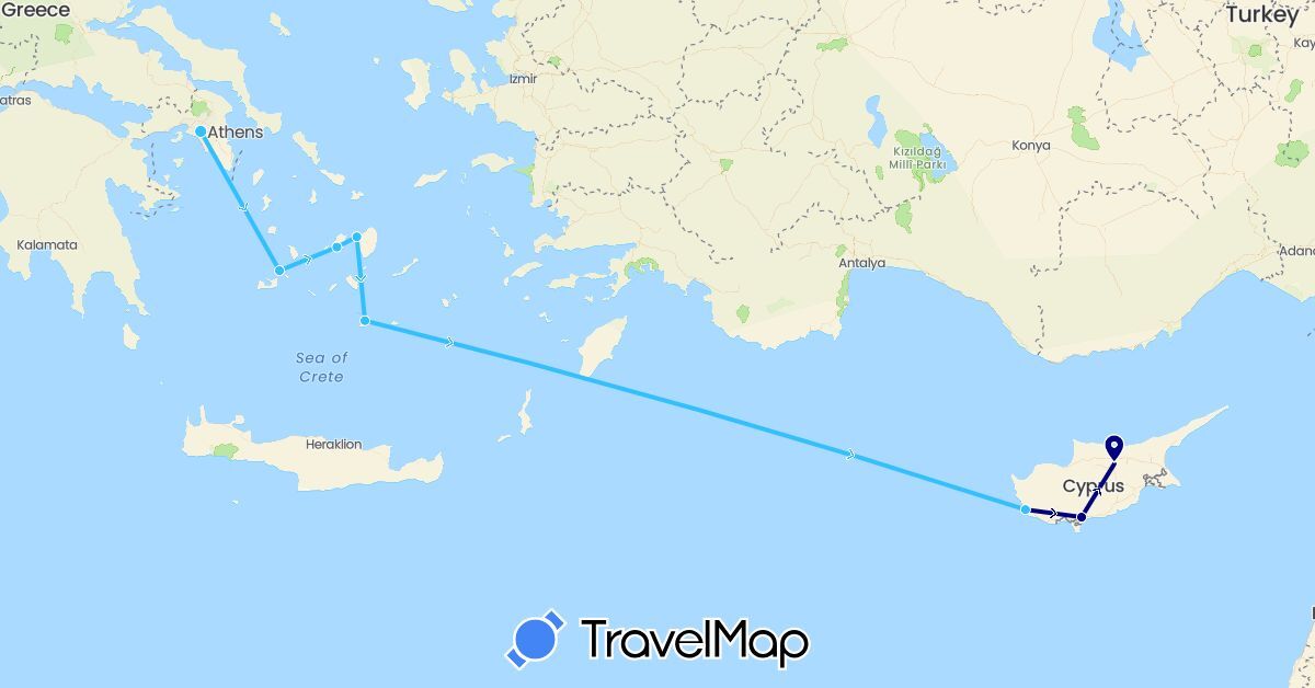 TravelMap itinerary: driving, boat in Cyprus, Greece (Asia, Europe)